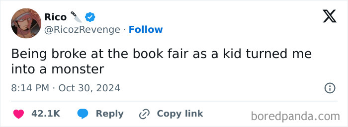 Tweet by user Rico joking about being broke at a book fair as a kid, with high engagement like 42.1K likes.