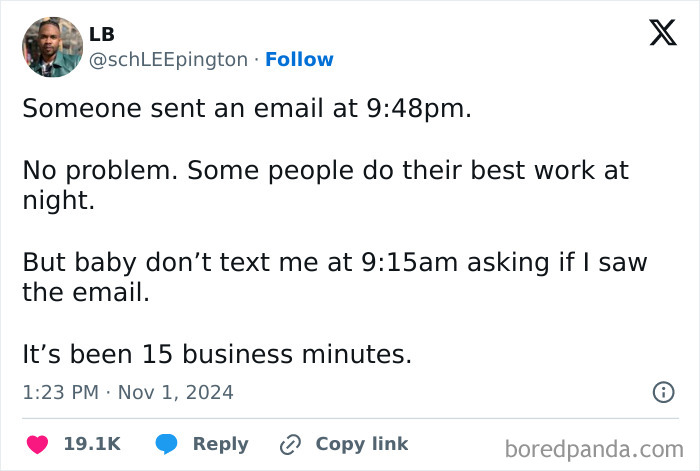 Tweet featuring a humorous take on work email timing, highlighting a late-night email with a witty remark about response expectations.