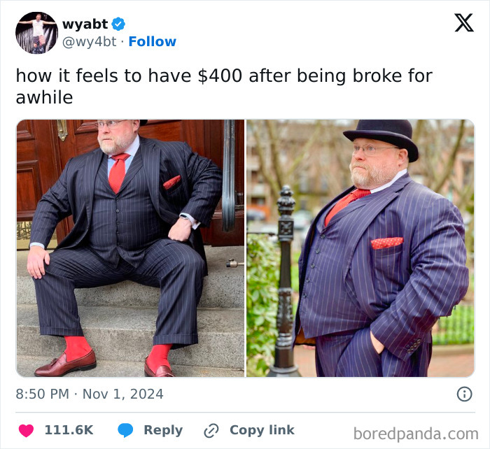 Man in a pinstripe suit and red tie looking confident, embodying the humor of 'broke-people-jokes'.