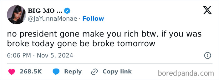 Tweet humorously discussing broke-people-jokes with sarcastic comment on financial change and presidents.
