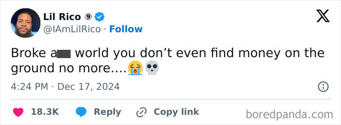 Tweet by Lil Rico humorously commenting on a broke world with emojis, gaining internet attention.