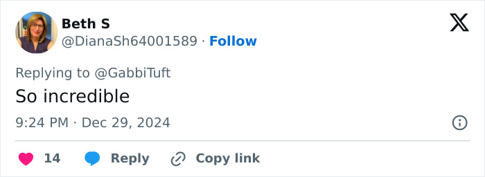 Tweet reply to Gabbi Tuft saying "So incredible," highlighting transition. Tweet reply to Gabbi Tuft saying "So incredible," highlighting transition.