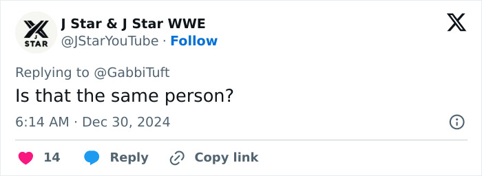 Tweet questioning if a former WWE star, who transitioned to a woman, is the same person, with likes and comments visible. Tweet questioning if a former WWE star, who transitioned to a woman, is the same person, with likes and comments visible.