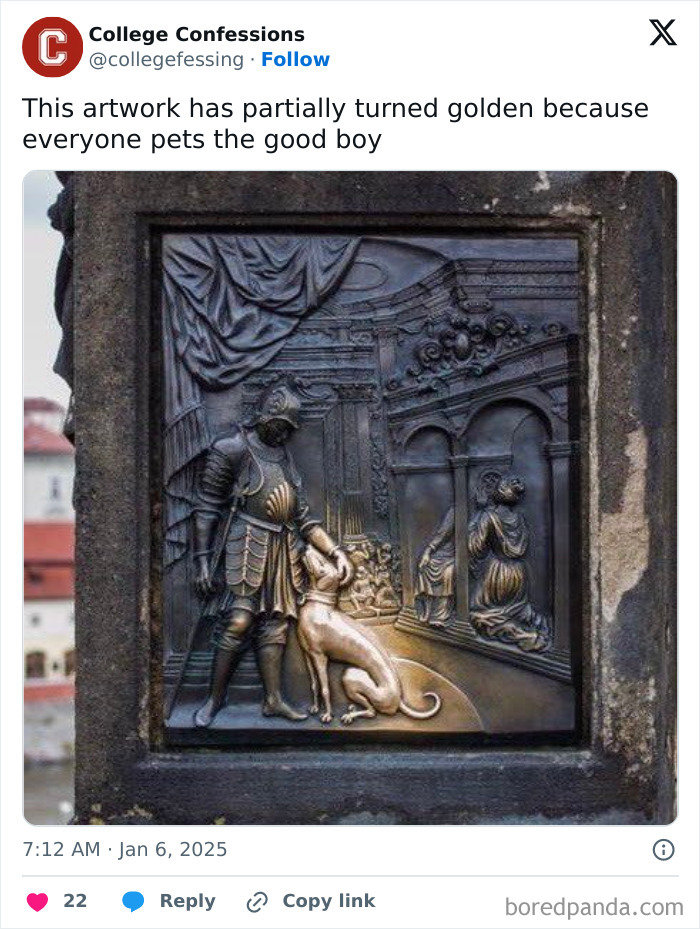 Relatable women's humor meme showing a golden sculpture where everyone pets the dog.