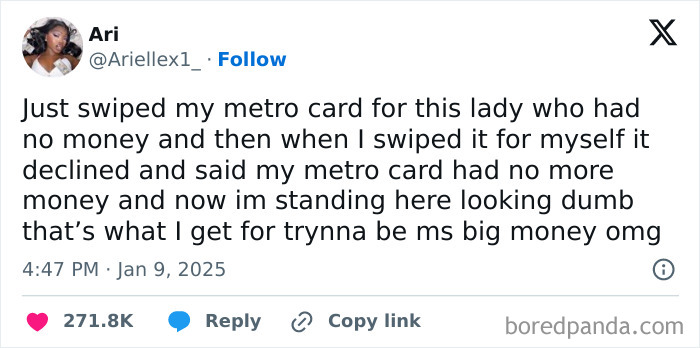 A tweet sharing a humorous anecdote about a metro card misunderstanding, reflecting broke-people-jokes.