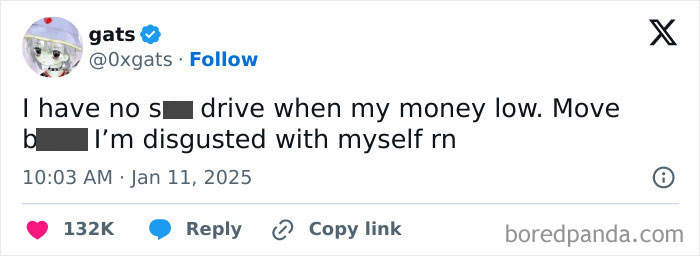 Screenshot of a tweet joking about lacking motivation when broke, with significant engagement.
