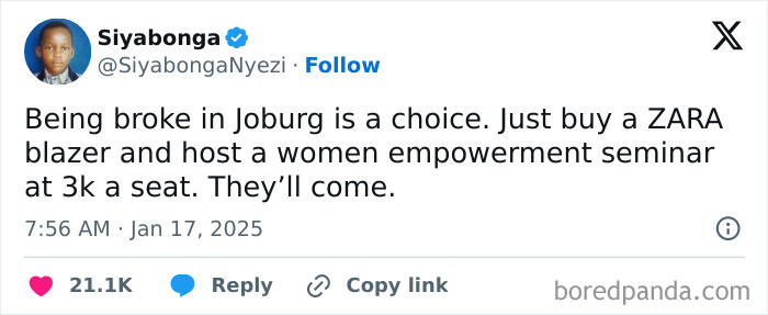 Tweet joking about being broke in Joburg by selling seminar seats at high prices.