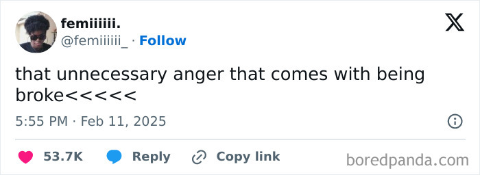 Tweet about emotions linked to financial struggles, humorously highlighting broke people jokes.