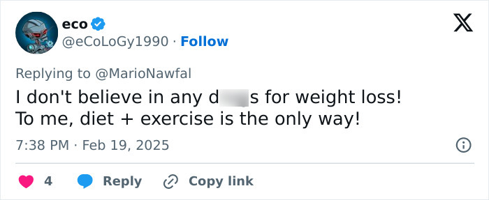 Tweet questioning the effectiveness of anti-obesity meds for weight loss, advocating diet and exercise. Tweet questioning the effectiveness of anti-obesity meds for weight loss, advocating diet and exercise.