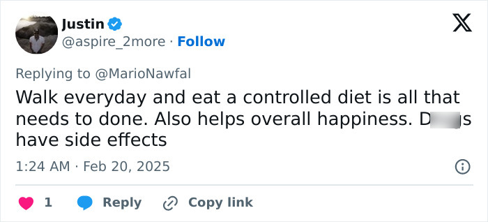 Tweet discussing benefits of walking and controlled diet over new anti-obesity meds. Tweet discussing benefits of walking and controlled diet over new anti-obesity meds.
