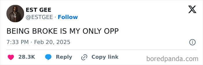 Tweet says "Being broke is my only opp," highlighting broke-people-jokes theme.