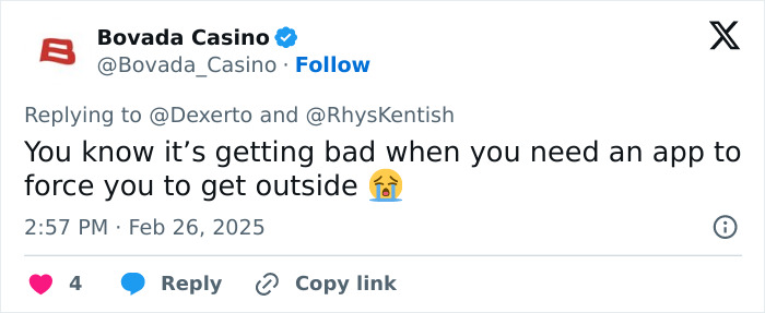 Tweet by Bovada Casino about app that forces you to touch grass, expressing concern with a crying emoji. Tweet by Bovada Casino about app that forces you to touch grass, expressing concern with a crying emoji.