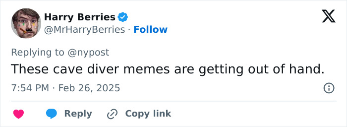 Tweet from Harry Berries joking about cave diver memes, gaining attention like the local hero's pothole prank. Tweet from Harry Berries joking about cave diver memes, gaining attention like the local hero's pothole prank.