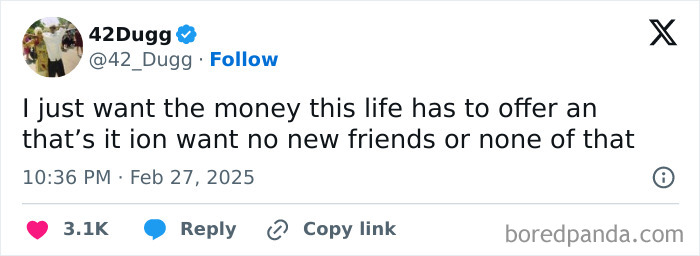 Tweet about life priorities with likes, comments, and retweets, related to Broke-People-Jokes.