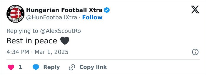 Hungarian Football Xtra tweets condolences for deceased 19-year-old footballer. Hungarian Football Xtra tweets condolences for deceased 19-year-old footballer.