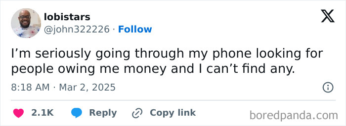 Tweet humorously reflects on financial struggles with broke-people jokes about searching for debtors in phone contacts.