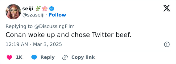 Tweet reacting to Conan O'Brien's controversial Oscars jokes with humor, referencing a "Twitter beef. Tweet reacting to Conan O'Brien's controversial Oscars jokes with humor, referencing a "Twitter beef.