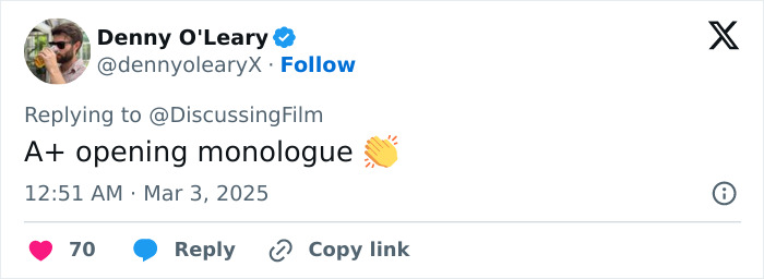 Tweet praising Oscar monologue with a clap emoji and user interactions, emphasizing controversial jokes. Tweet praising Oscar monologue with a clap emoji and user interactions, emphasizing controversial jokes.