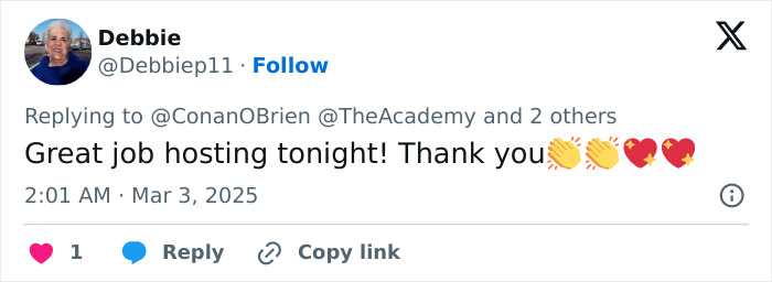 Debbie praises Conan O'Brien for hosting, expressing gratitude with clapping and heart emojis in a tweet. Debbie praises Conan O'Brien for hosting, expressing gratitude with clapping and heart emojis in a tweet.