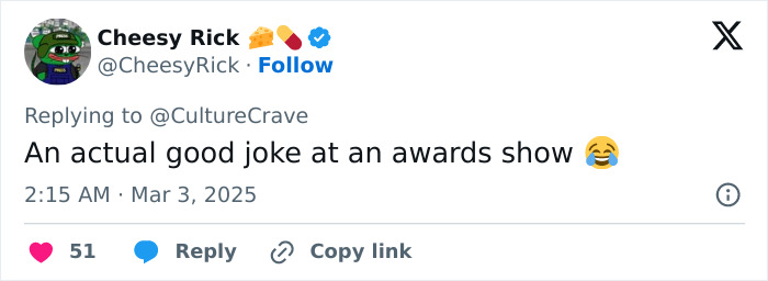 Tweet responding to awards show with humor, commenting on jokes. Tweet responding to awards show with humor, commenting on jokes.