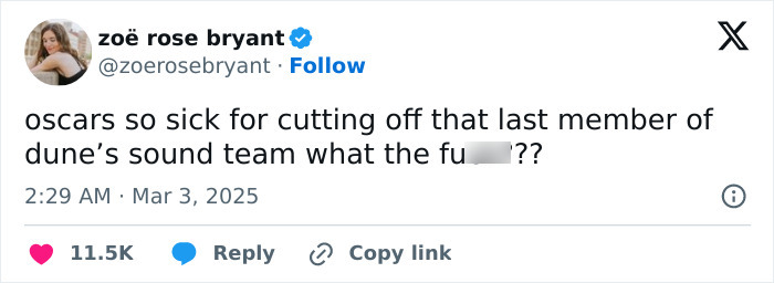 Tweet criticizing Oscars for cutting off a speech, showing public reaction to the incident. Tweet criticizing Oscars for cutting off a speech, showing public reaction to the incident.