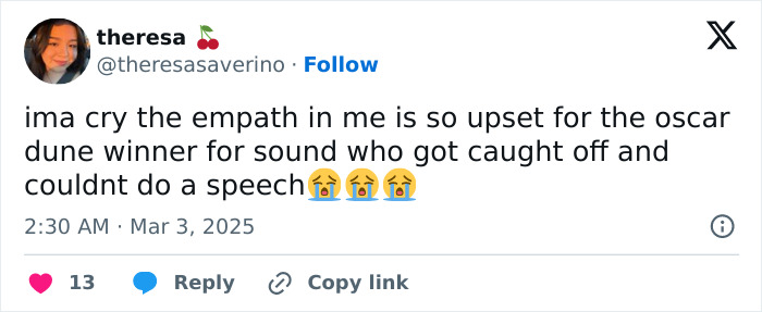 Tweet empathizing with Oscar winner interrupted, tagged "theresasaverino. Tweet empathizing with Oscar winner interrupted, tagged "theresasaverino.