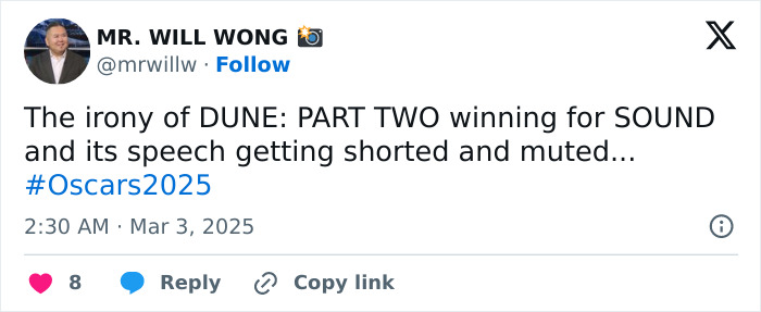 Tweet about "DUNE: PART TWO" winning sound award at Oscars 2025, with irony noted in speech being cut short. Tweet about "DUNE: PART TWO" winning sound award at Oscars 2025, with irony noted in speech being cut short.