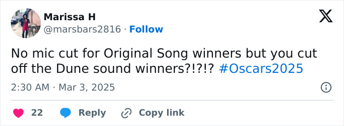 Tweet questioning mic time at Oscars 2025 after Original Song winners, related to Miley Cyrus. Tweet questioning mic time at Oscars 2025 after Original Song winners, related to Miley Cyrus.