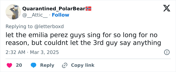 Tweet commenting on performance time management at the Oscars, related to Miley Cyrus being praised. Tweet commenting on performance time management at the Oscars, related to Miley Cyrus being praised.