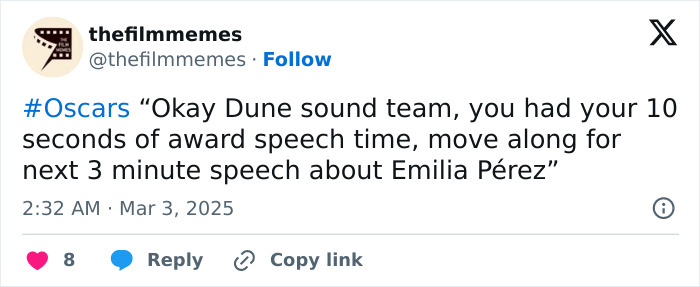 Social media post humorously commenting on Oscars speeches, referencing the Dune sound team. Social media post humorously commenting on Oscars speeches, referencing the Dune sound team.