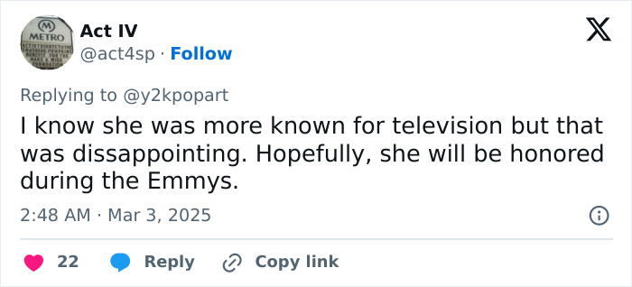 Tweet discussing Michelle Trachtenberg not being included in the Oscars' In Memoriam section. Tweet discussing Michelle Trachtenberg not being included in the Oscars' In Memoriam section.