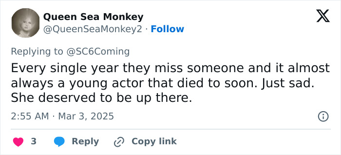 Tweet criticizing Oscars' In Memoriam for omitting Michelle Trachtenberg, with user expressing disappointment. Tweet criticizing Oscars' In Memoriam for omitting Michelle Trachtenberg, with user expressing disappointment.