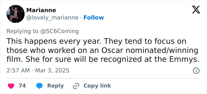 Tweet criticizing Oscars for omitting Michelle Trachtenberg from In Memoriam, suggesting recognition at the Emmys. Tweet criticizing Oscars for omitting Michelle Trachtenberg from In Memoriam, suggesting recognition at the Emmys.