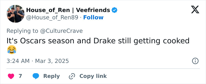 Tweet reacting to controversial Conan O’Brien jokes at Oscars, mentioning Drake during Oscars season. Tweet reacting to controversial Conan O’Brien jokes at Oscars, mentioning Drake during Oscars season.