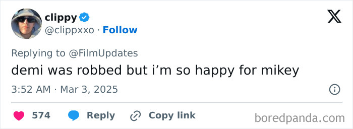 Tweet expressing outrage over Mikey Madison's Oscar win, saying "demi was robbed," dated March 3, 2025. Tweet expressing outrage over Mikey Madison's Oscar win, saying "demi was robbed," dated March 3, 2025.