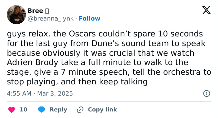 Tweet criticizing Oscars for cutting off winners, highlighting Miley Cyrus's comment. Tweet criticizing Oscars for cutting off winners, highlighting Miley Cyrus's comment.