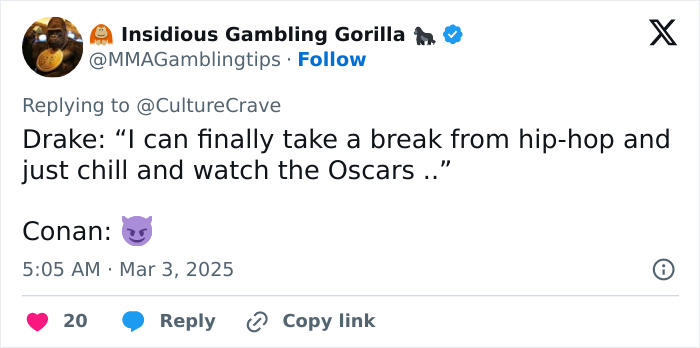 Tweet about Conan O'Brien's controversial jokes at the Oscars, featuring a devil emoji response. Tweet about Conan O'Brien's controversial jokes at the Oscars, featuring a devil emoji response.