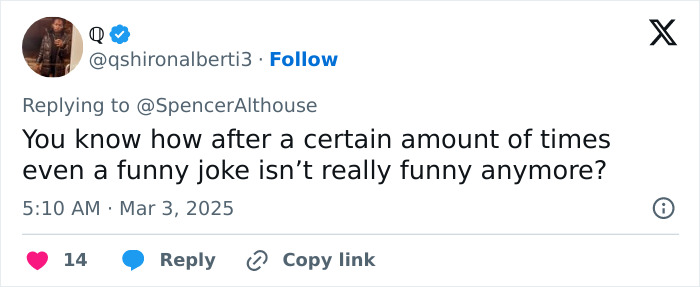 Tweet about the diminishing humor of repeated jokes, related to Conan O'Brien's controversial Oscar humor. Tweet about the diminishing humor of repeated jokes, related to Conan O'Brien's controversial Oscar humor.