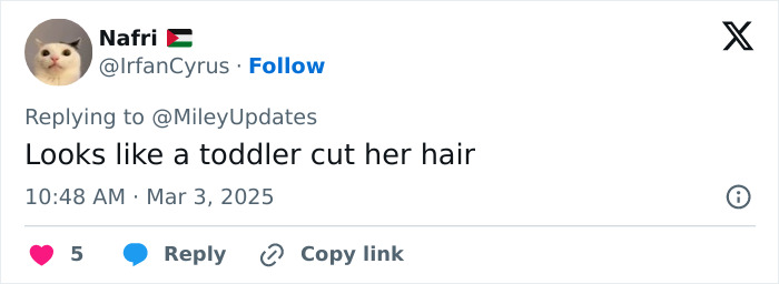 Tweet replying to Miley Cyrus with a comment about her hair. Tweet replying to Miley Cyrus with a comment about her hair.