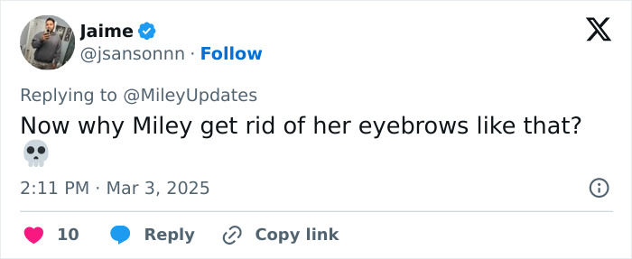 Tweet questioning Miley Cyrus's eyebrow style after praised live comment at Oscars. Tweet questioning Miley Cyrus's eyebrow style after praised live comment at Oscars.