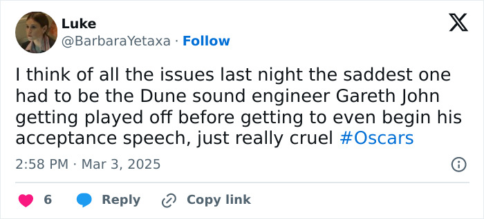 Tweet about Oscars criticism, highlighting a sound engineer getting cut off during the acceptance speech. Tweet about Oscars criticism, highlighting a sound engineer getting cut off during the acceptance speech.