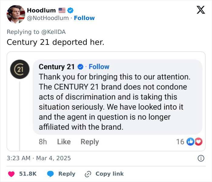 Century 21 comment on firing employee over discriminatory message on a bill. Century 21 comment on firing employee over discriminatory message on a bill.