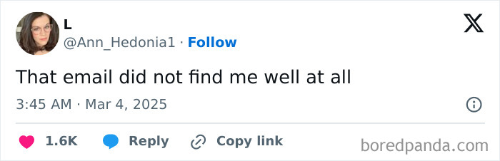 Tweet screenshot with a humorous comment about work emails, posted by user Ann_Hedonia1.