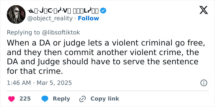 Tweet criticizing lenient prosecutor after teen commits crime, suggesting accountability for the DA and judge. Tweet criticizing lenient prosecutor after teen commits crime, suggesting accountability for the DA and judge.