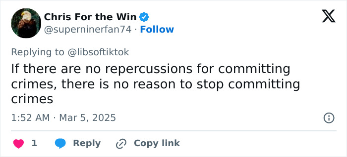 Tweet discussing lack of repercussions for crimes, linked to lenient prosecutor's decision. Tweet discussing lack of repercussions for crimes, linked to lenient prosecutor's decision.