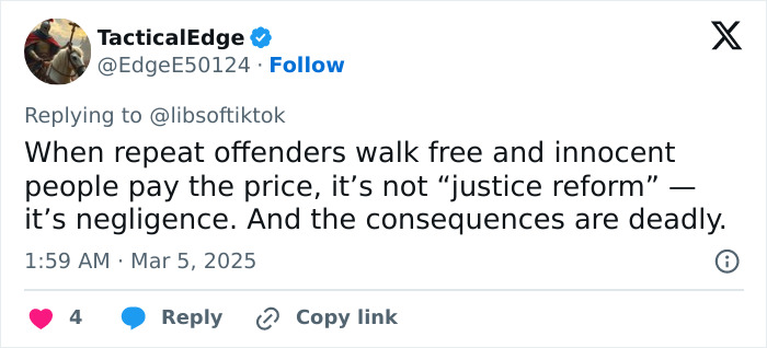 Tweet criticizing lenient prosecutor for freeing repeat offender, highlighting deadly consequences. Tweet criticizing lenient prosecutor for freeing repeat offender, highlighting deadly consequences.