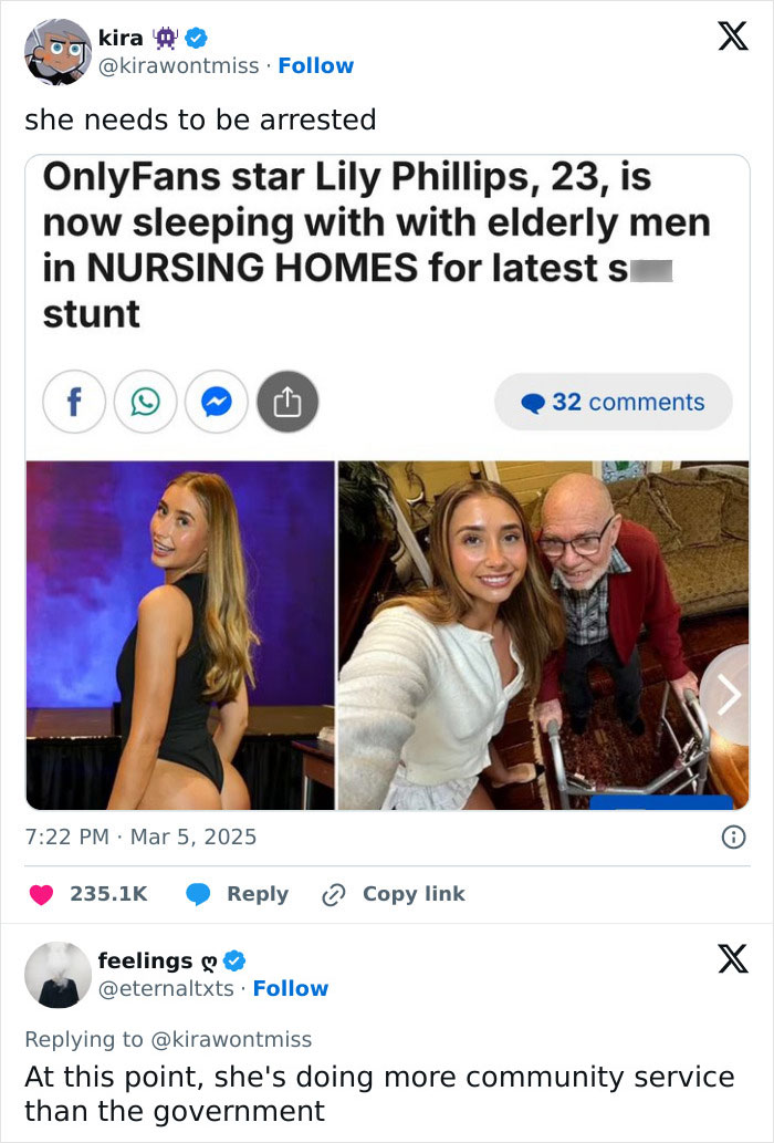 "Hot takes shared in a FB group featuring a viral OnlyFans post involving a controversial nursing home stunt." "Hot takes shared in a FB group featuring a viral OnlyFans post involving a controversial nursing home stunt."