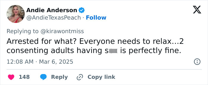 Tweet by Andie Anderson defending adult star for sleeping with elderly men. Tweet by Andie Anderson defending adult star for sleeping with elderly men.