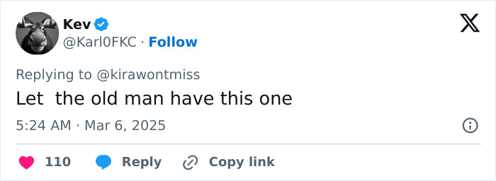 Tweet screenshot about elderly men in nursing homes, stating "Let the old man have this one" with 110 likes. Tweet screenshot about elderly men in nursing homes, stating "Let the old man have this one" with 110 likes.