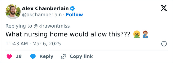 Tweet questioning nursing home policies, expressing disapproval with emojis. Tweet questioning nursing home policies, expressing disapproval with emojis.